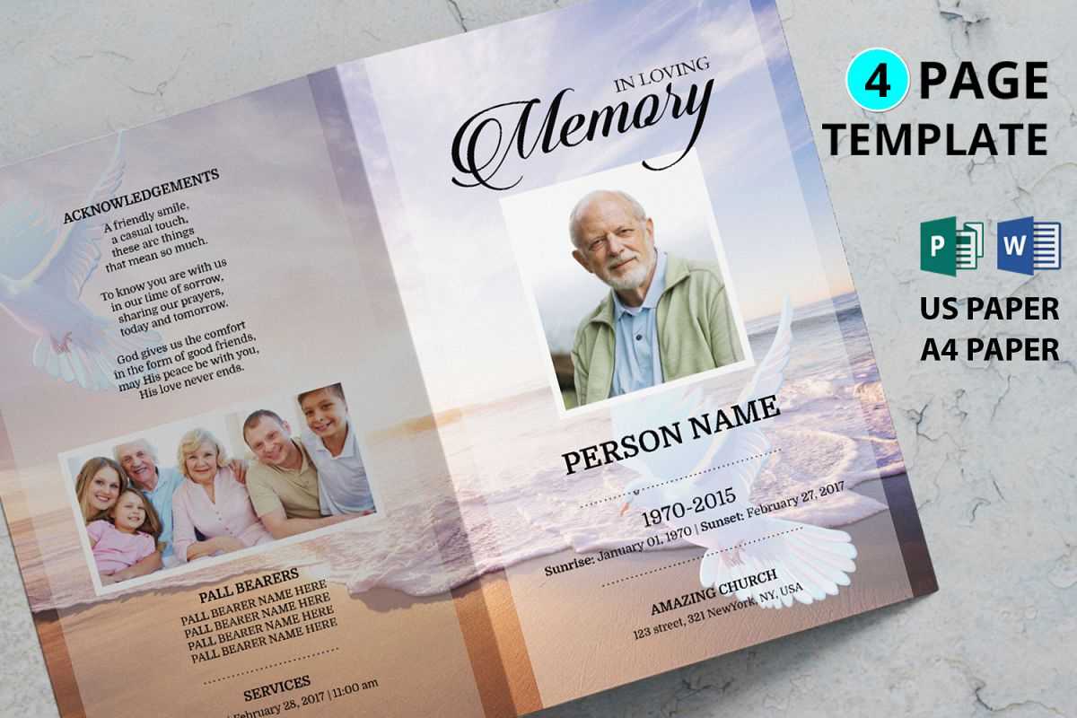 Dove And Beach Funeral Program Template Within Memorial Brochure Template
