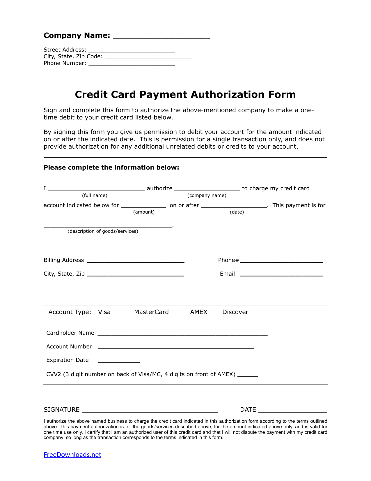 Download One (1) Time Credit Card Authorization Payment Form For Credit Card Payment Form Template Pdf
