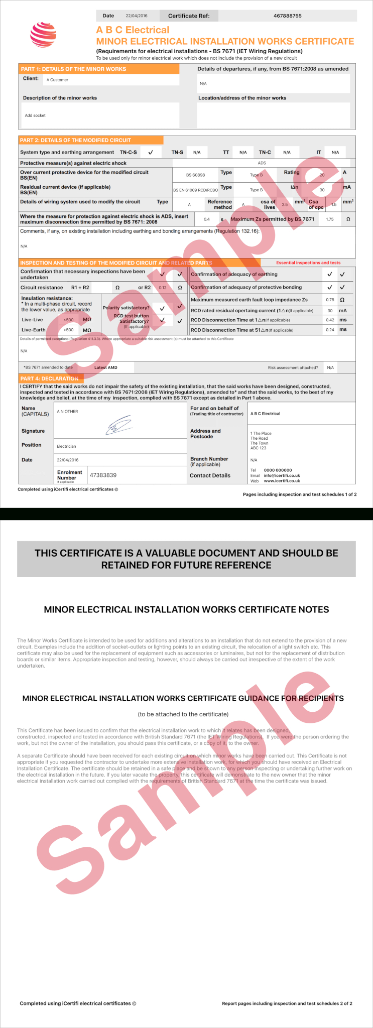 Electrical Certificate – Example Minor Works Certificate Regarding Electrical Minor Works Certificate Template