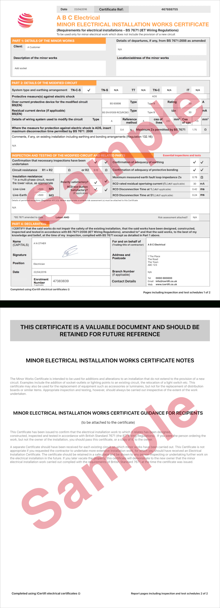 Electrical Certificate – Example Minor Works Certificate With Regard To Minor Electrical Installation Works Certificate Template