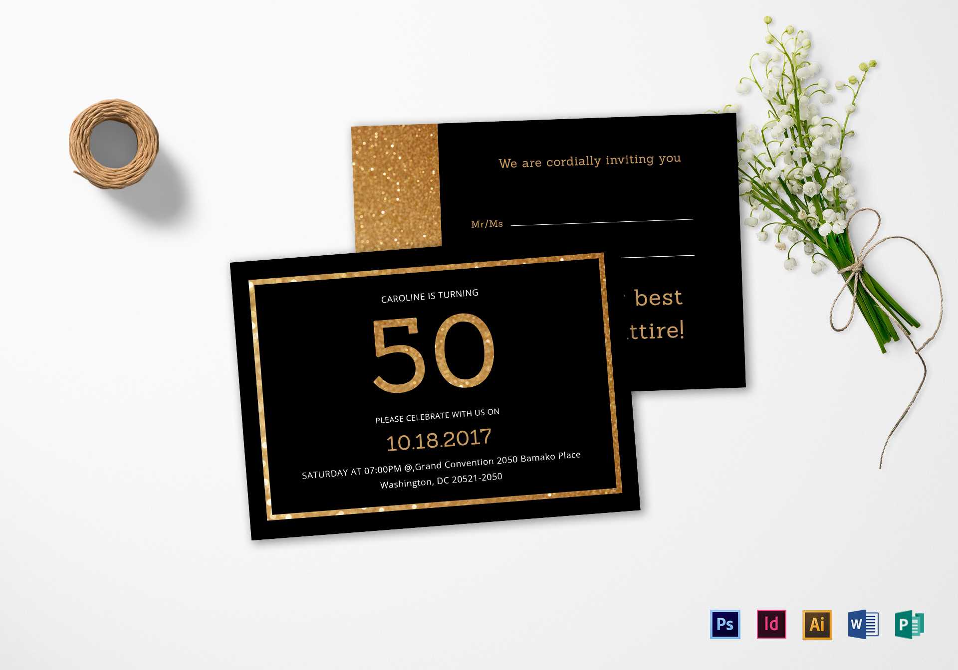Elegant Black And Gold 50Th Birthday Invitation Template Intended For Birthday Card Template Indesign