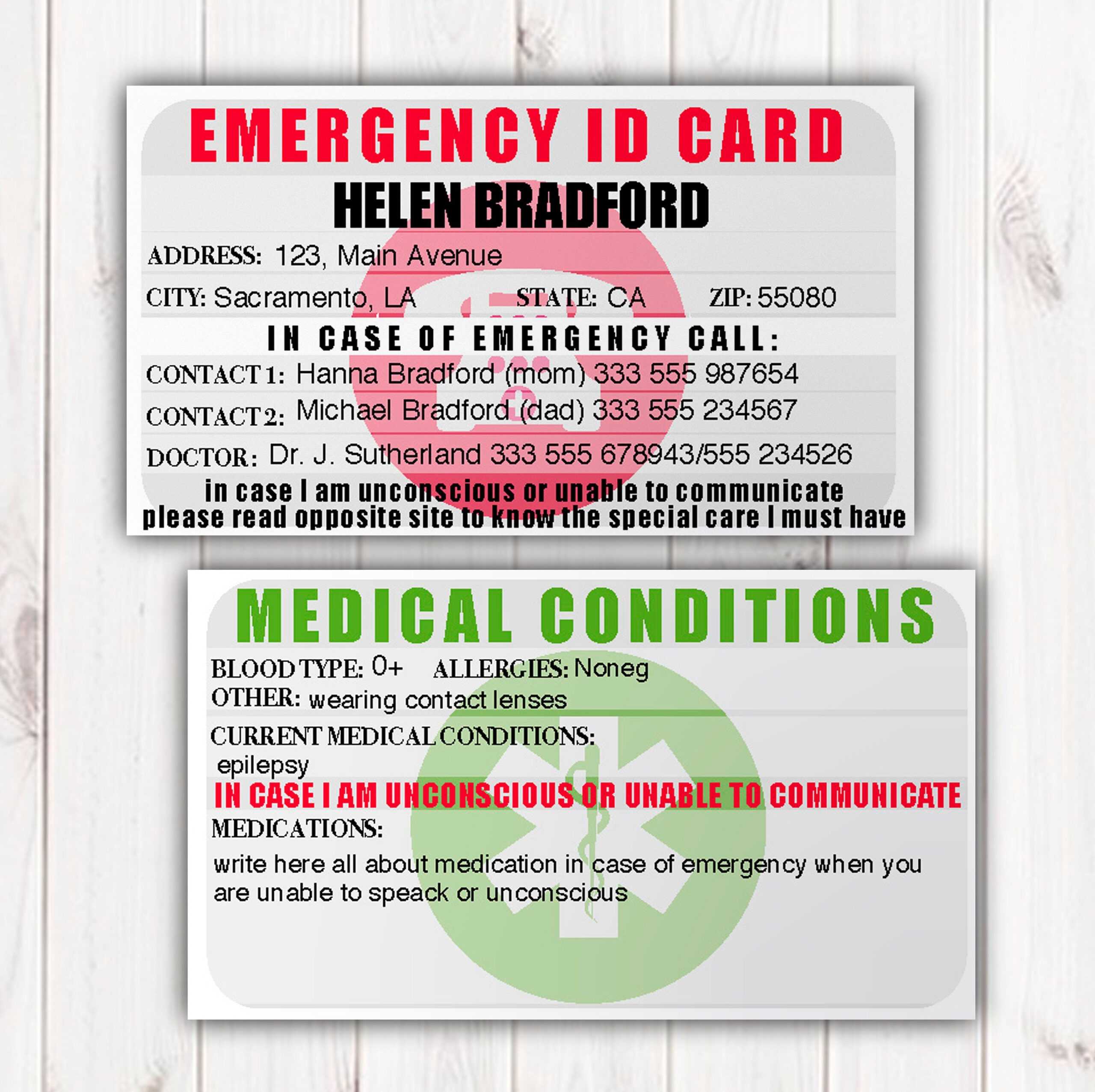 Emergency Identification Card Template, Medical Condition Throughout In Case Of Emergency Card Template