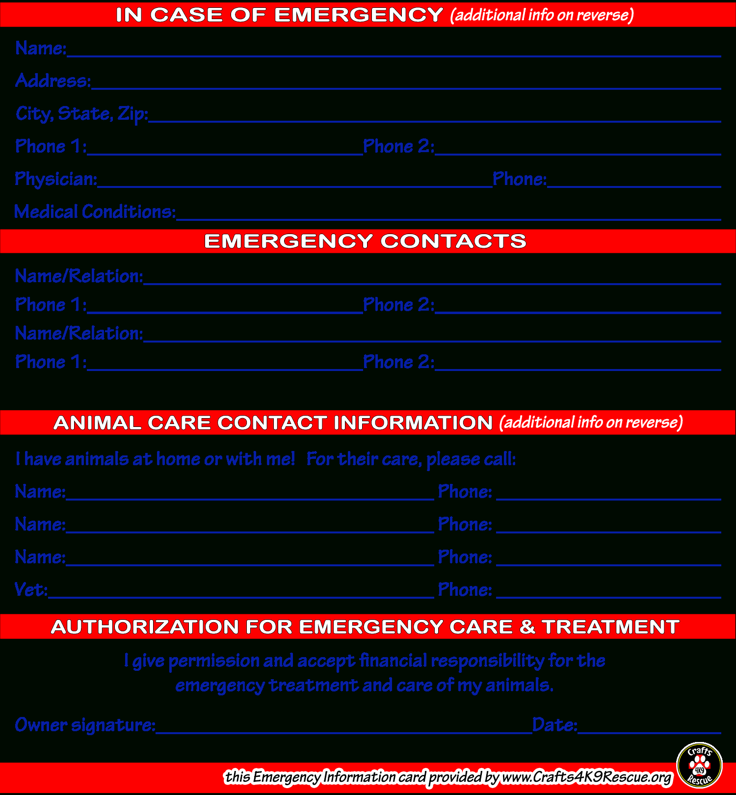 Emergency Information Card Template | Crafts4K9Rescue With Regard To In Case Of Emergency Card Template