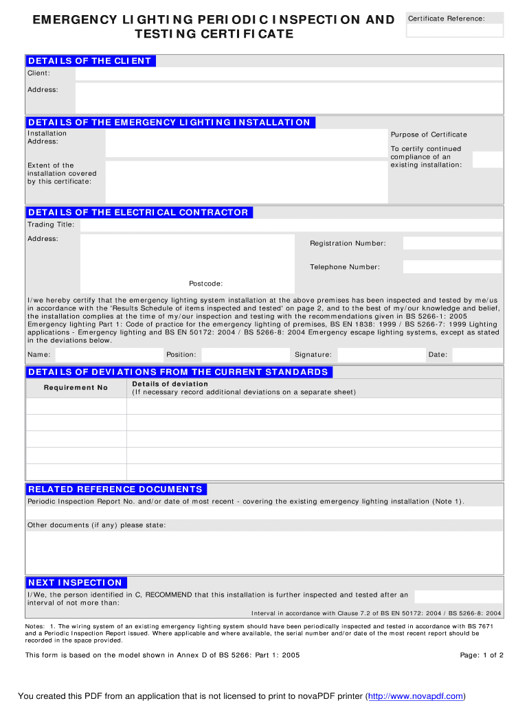 Emergency Lighting Certificate – Fill Online, Printable Within Electrical Installation Test Certificate Template