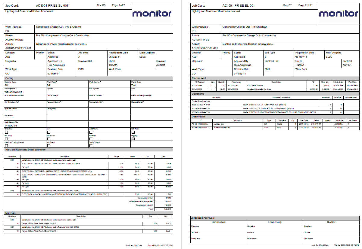Engineering Job Cards / Work Packs With Mpower From Monitor Regarding Maintenance Job Card Template