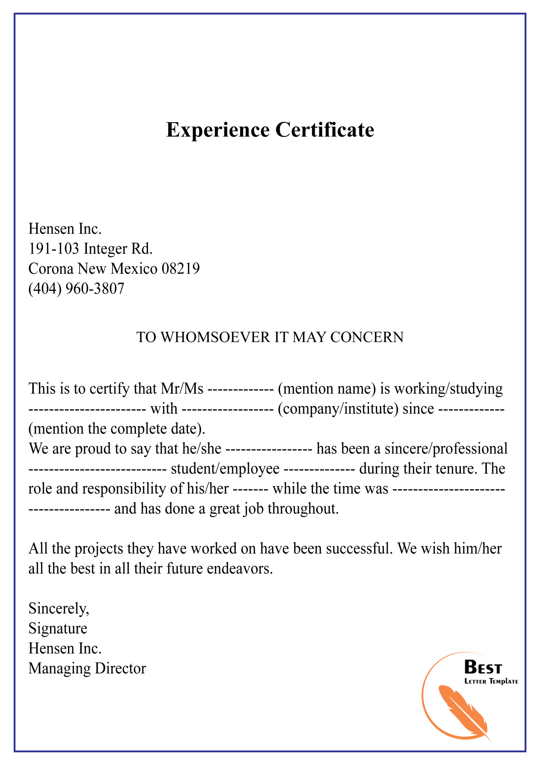 Experience Certificate 01 | Best Letter Template Within Template Of Experience Certificate