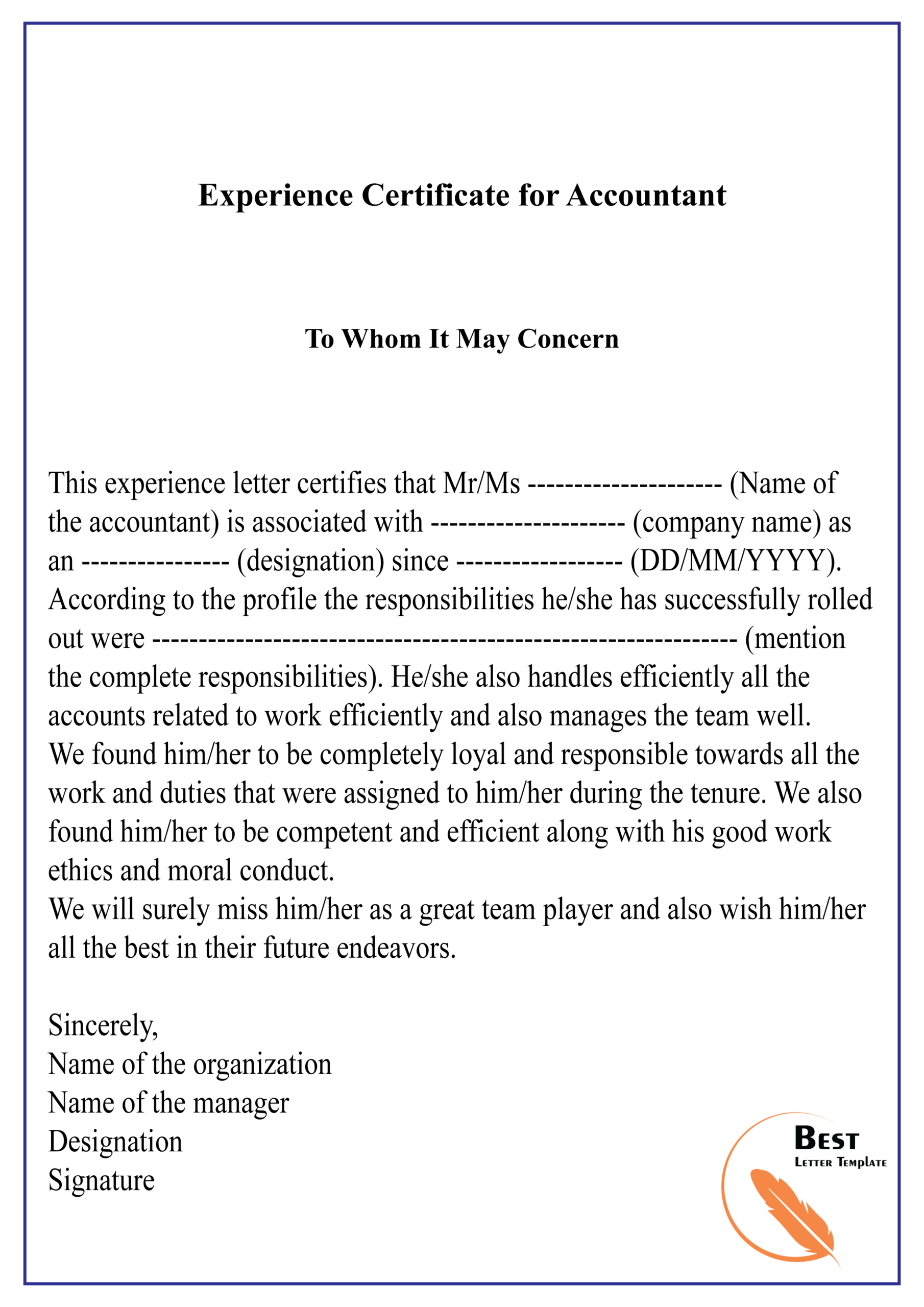 Experience Certificate For Accountant 01 | Best Letter Template Inside Certificate Of Experience Template