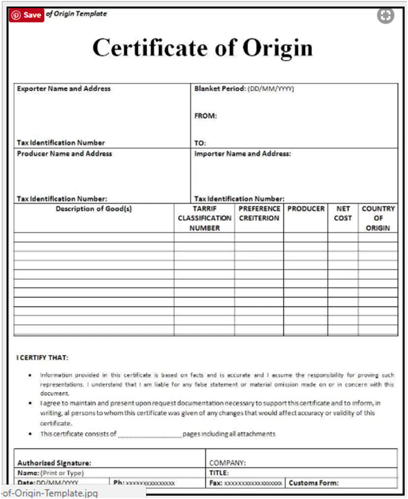 ?free Printable Certificate Of Origin Form Template [Pdf With Regard To Certificate Of Origin For A Vehicle Template