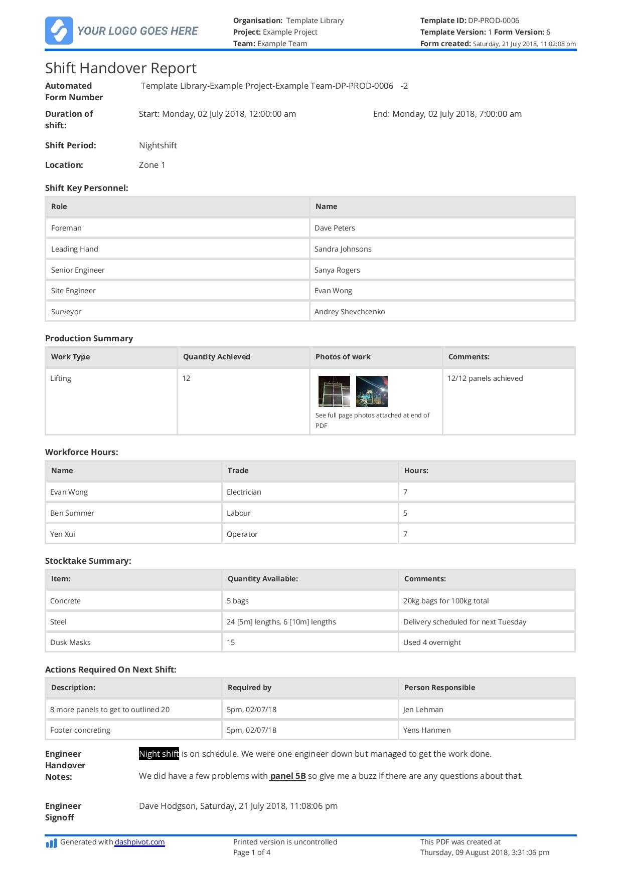 Free Construction Shift Handover Template – Download, Print Throughout Handover Certificate Template