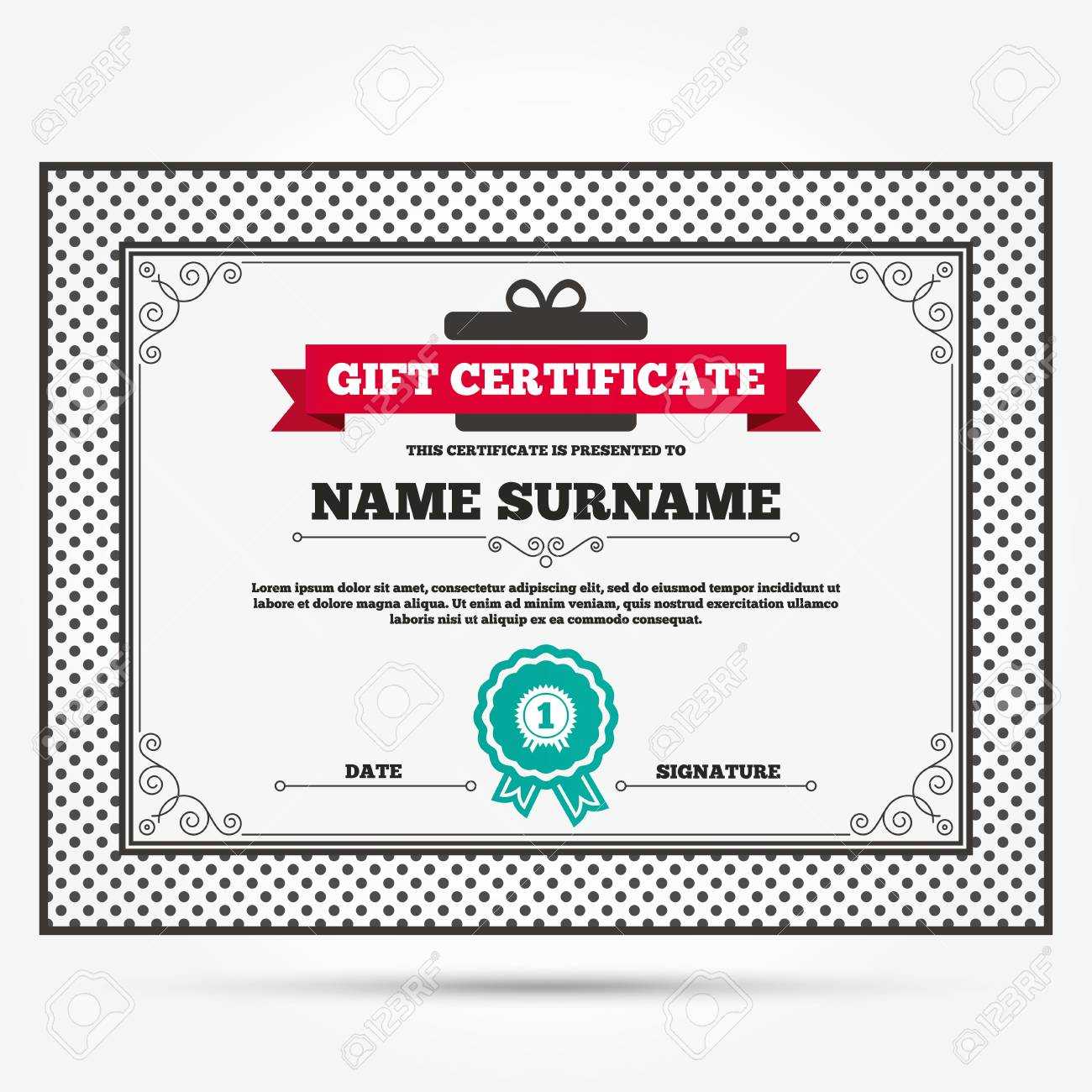 Gift Certificate. First Place Award Sign Icon. Prize For Winner.. In First Place Award Certificate Template