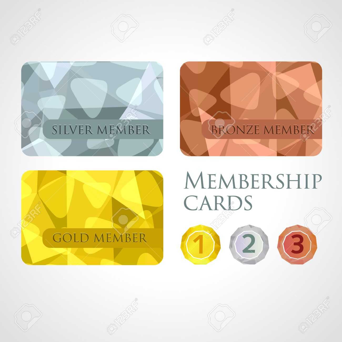 Gold, Silver And Bronze Membership Cards Or Backgrounds And Medals Set In  Polygonal Style. Gift, Voucher, Certificate Template, Vector Illustration Within Template For Membership Cards