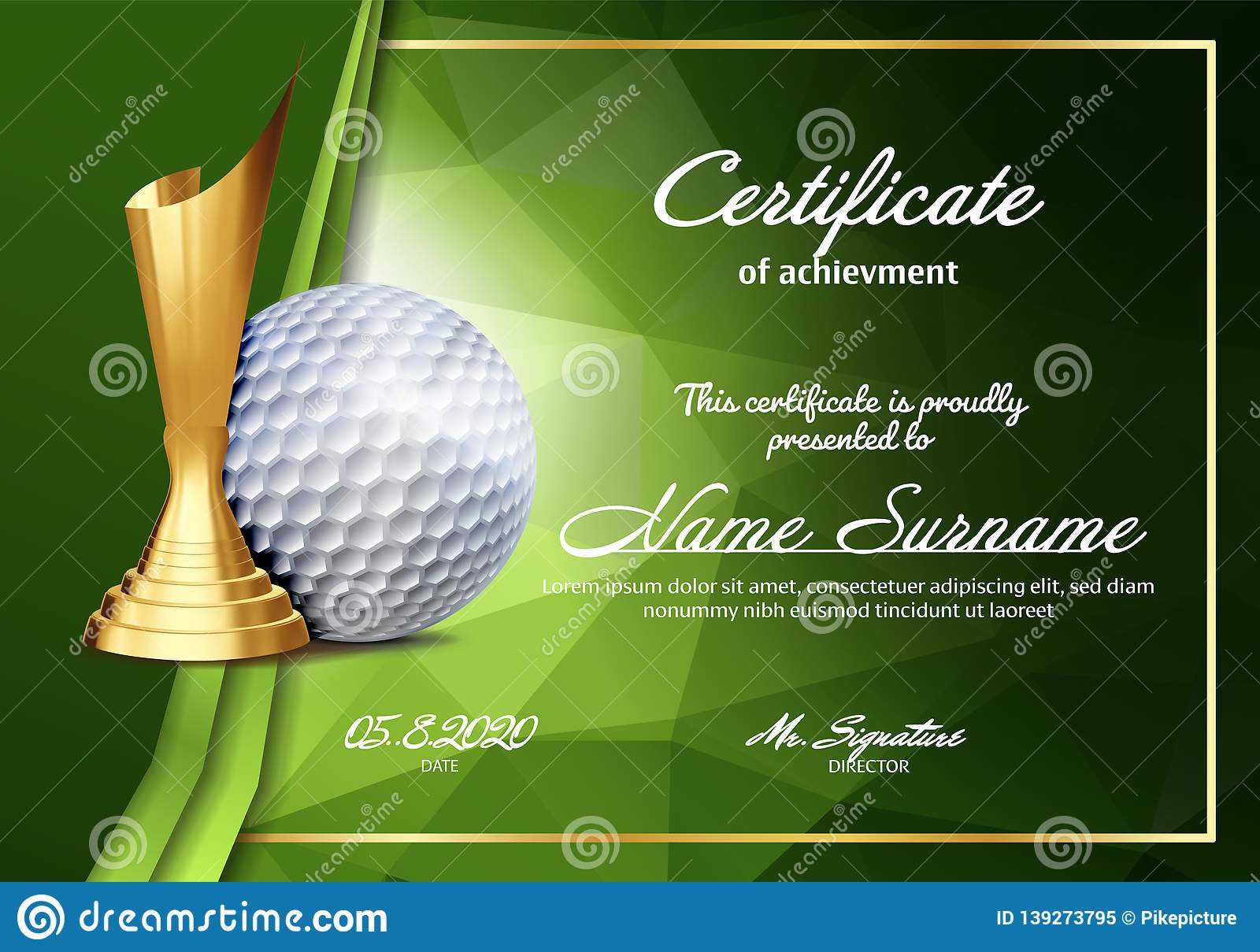 Golf Certificate Diploma With Golden Cup Vector. Sport With Golf Certificate Template Free