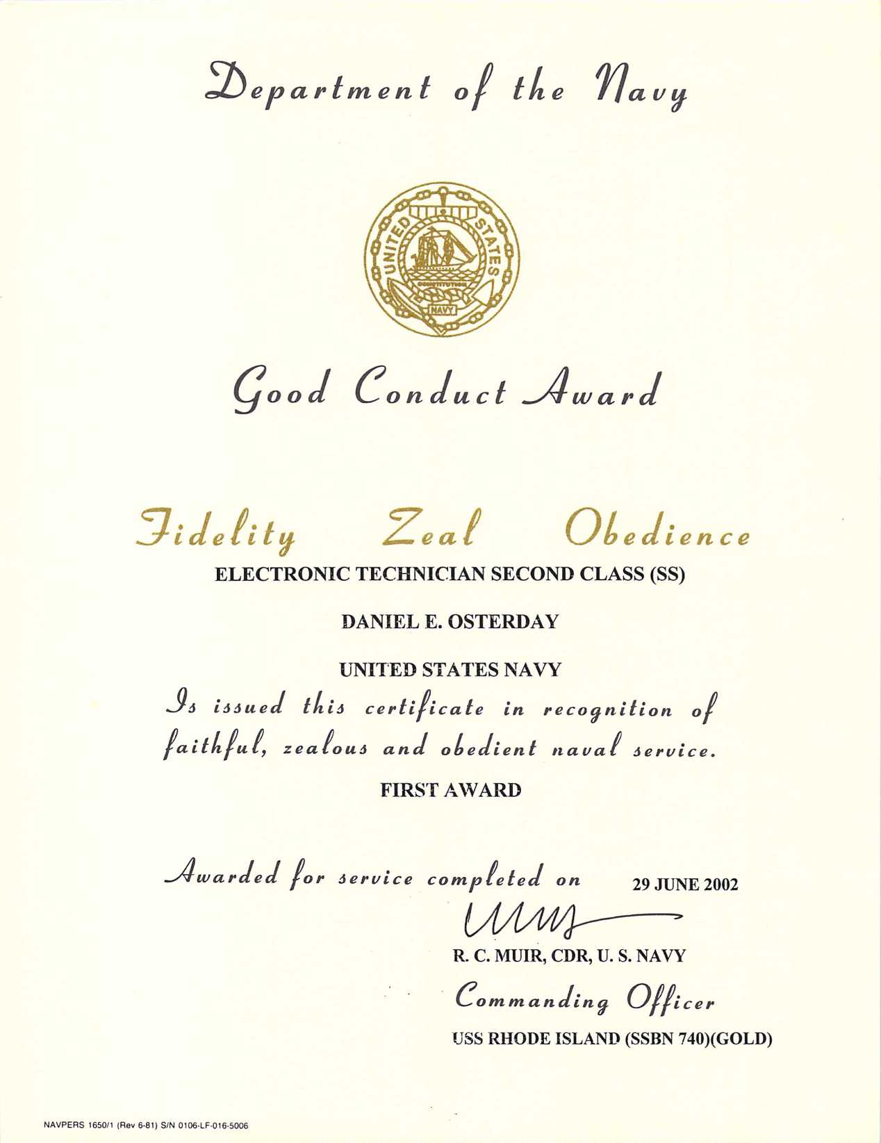 Good Conduct Medal | Daniel Osterday Intended For Good Conduct Certificate Template