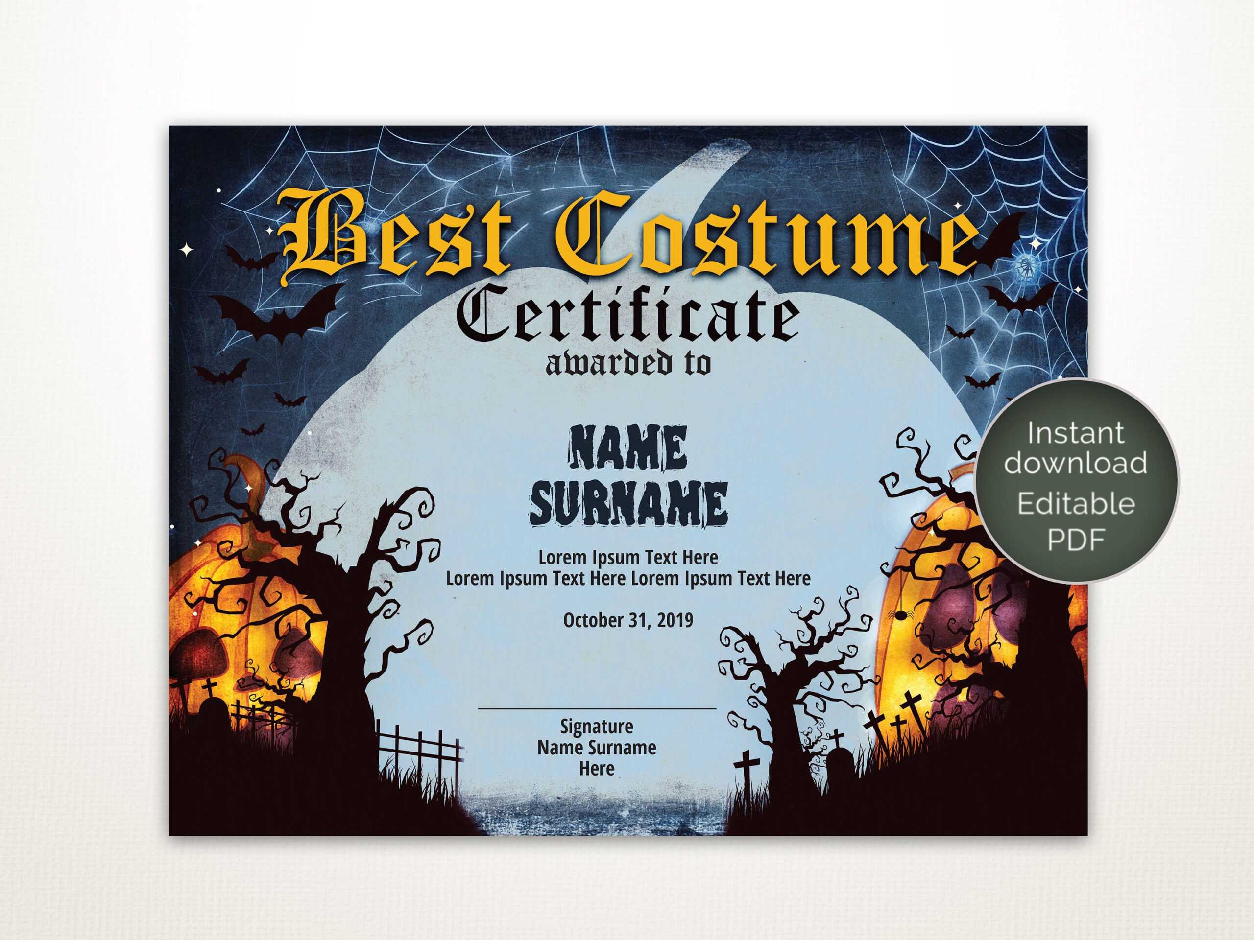 Halloween Best Costume Certificate Editable Template Costume Award  Printable Certificate Template Instant Download Regarding Halloween Costume Certificate Template