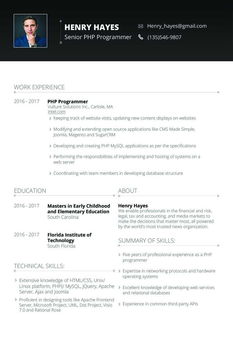 Henry Hayes – Web Developer Resume Template #64898 With Regard To Hayes Certificate Templates