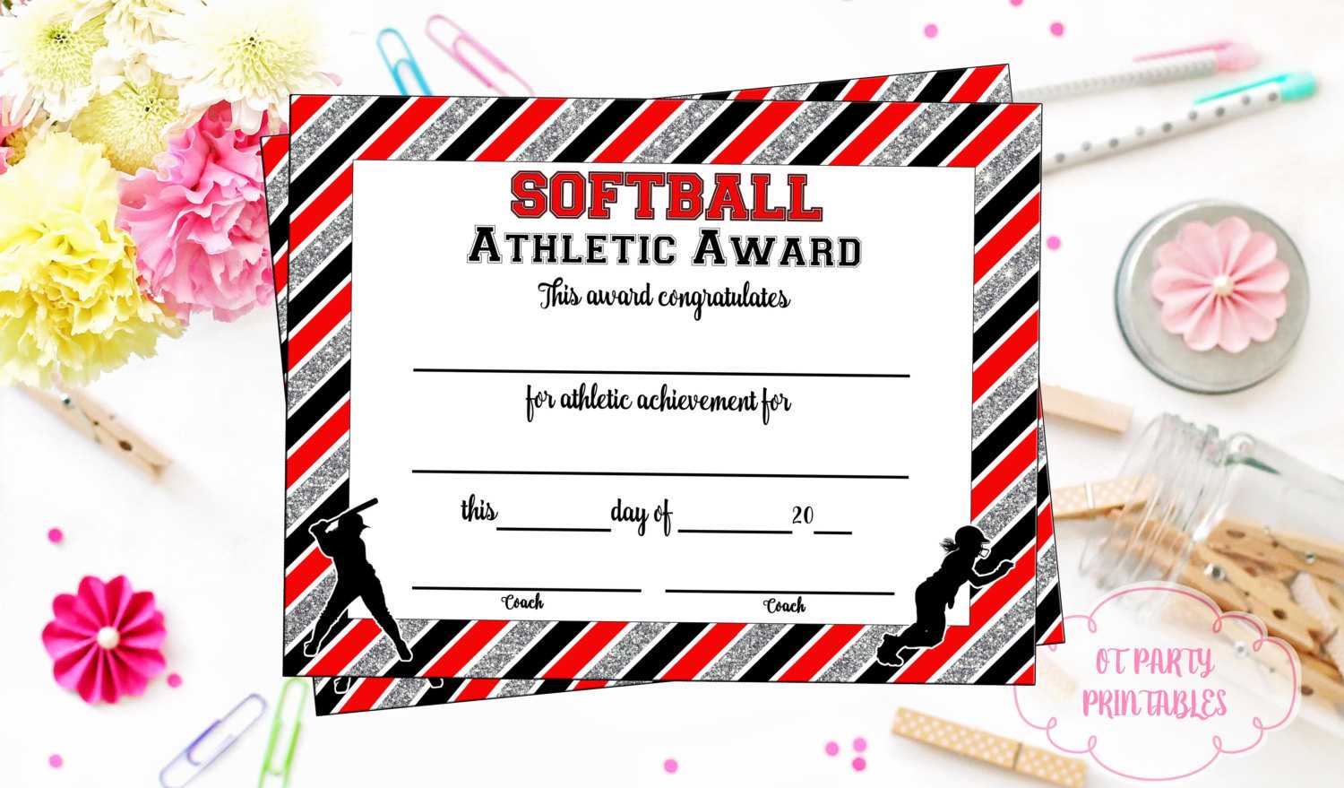 Instant Download – Softball Certificate Of Achievement – Softball Award –  Print At Home – Softball Certificate Of Completion – Sports Award Pertaining To Softball Certificate Templates