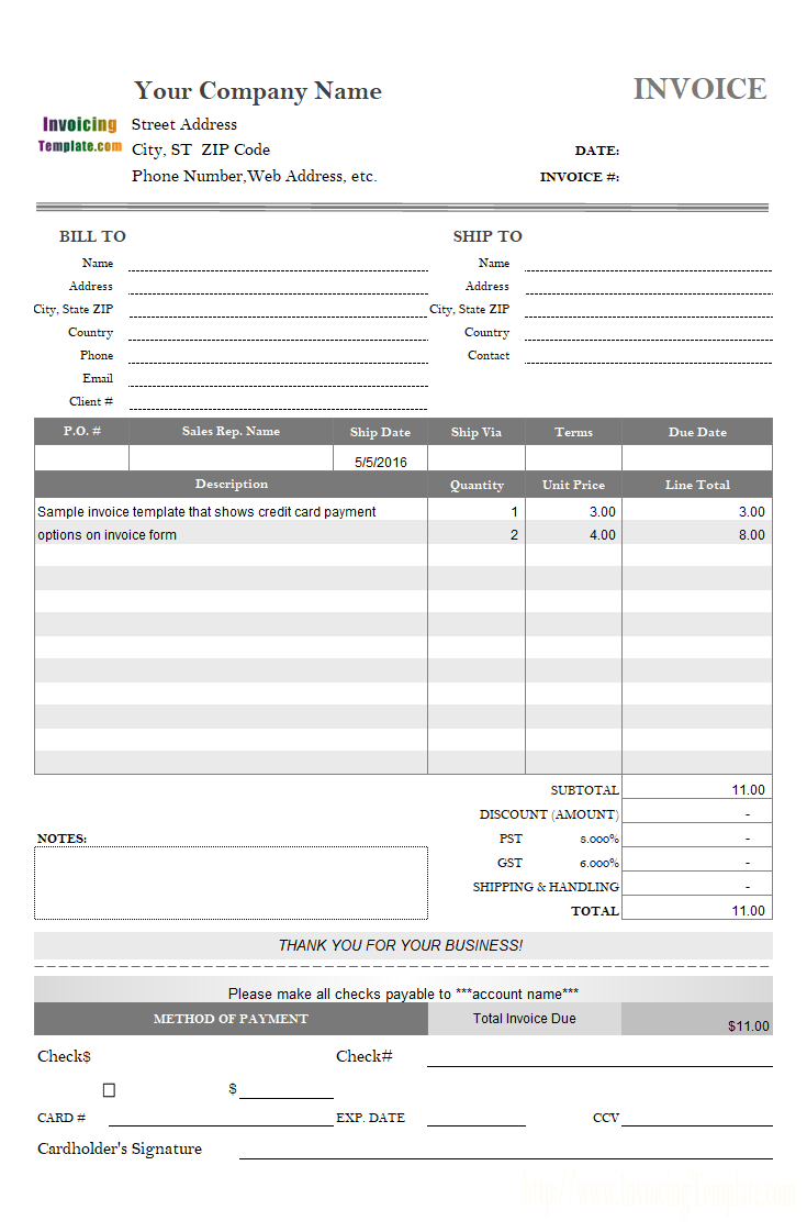 Invoice Template With Credit Card Payment Option Pertaining To Credit Card Payment Slip Template
