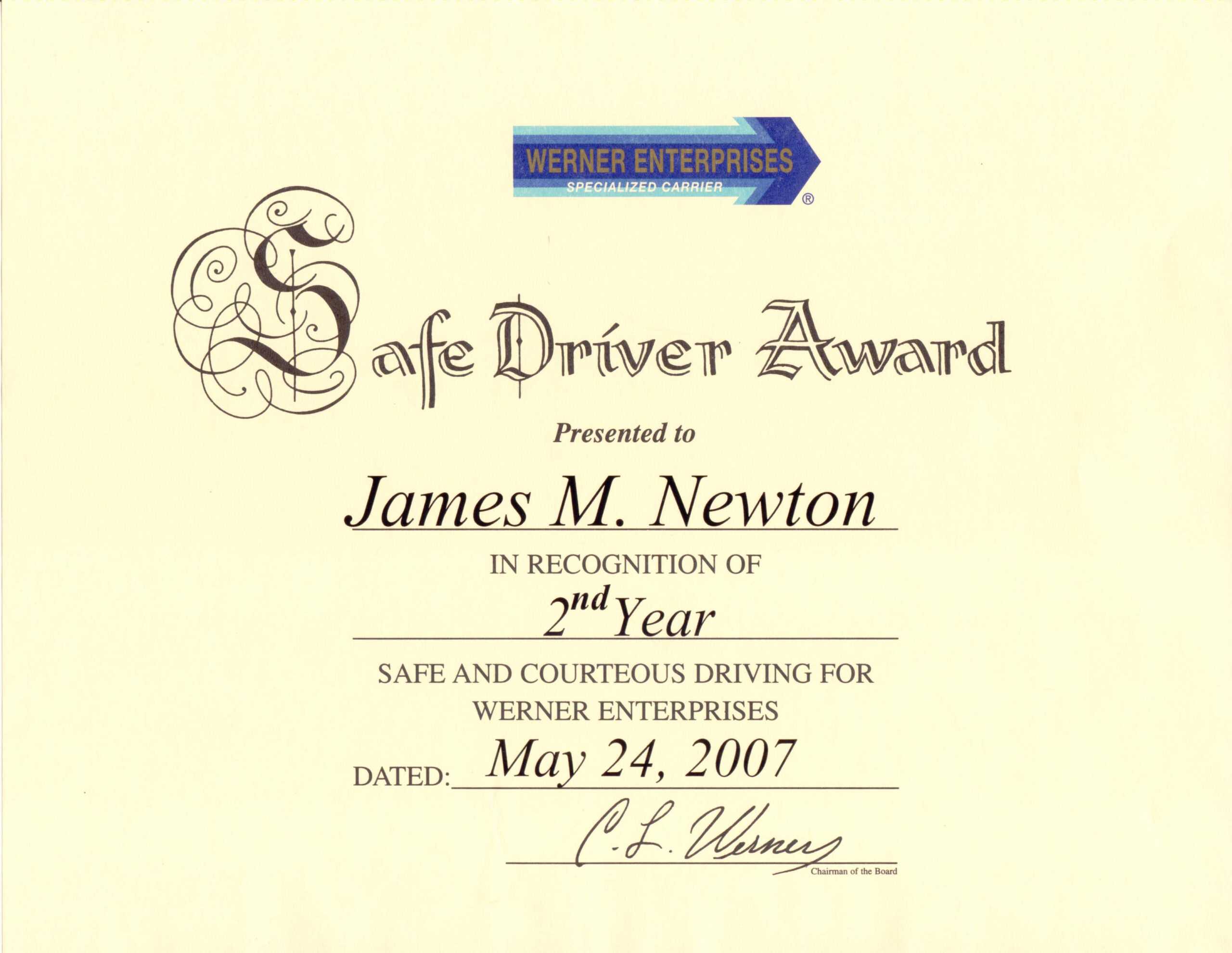 James M. Newton Awards For Safe Driving Certificate Template