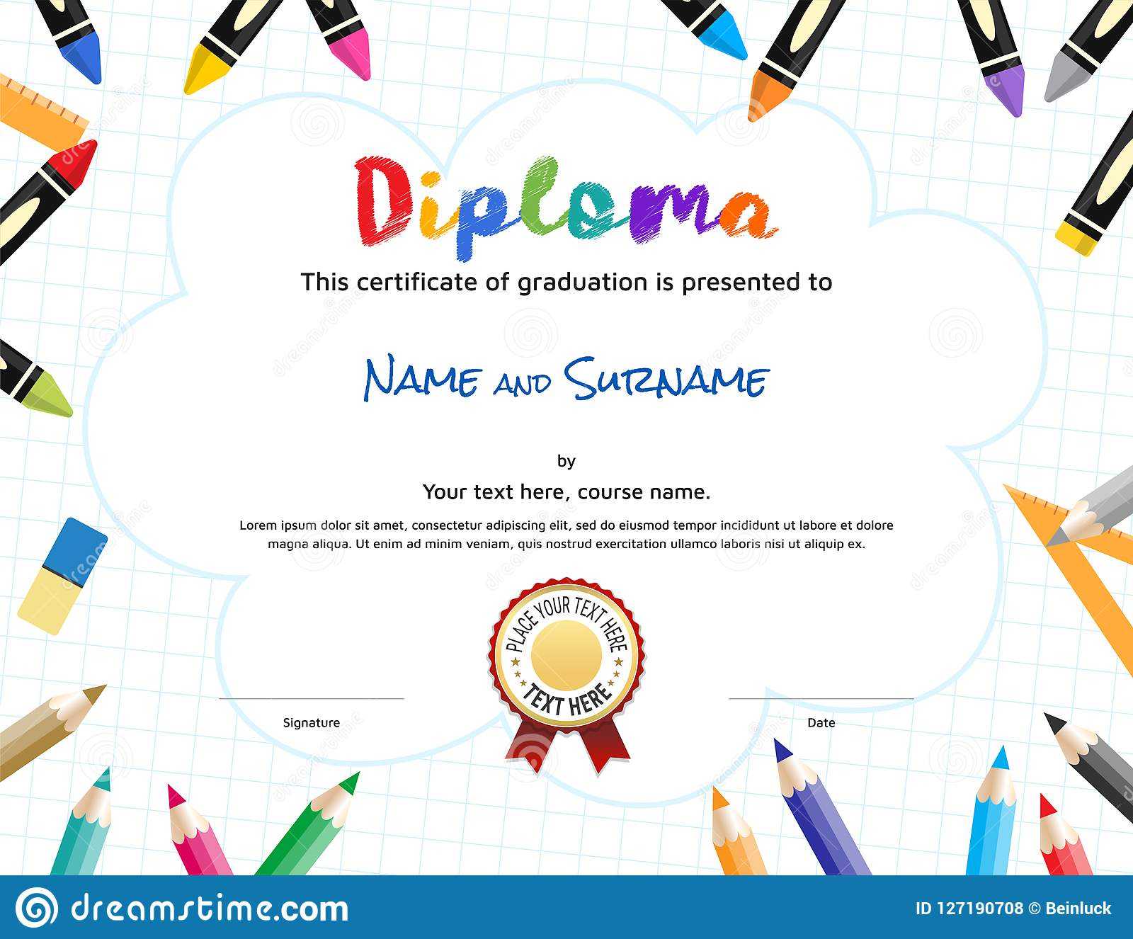 Kids Diploma Or Certificate Template With Painting Stuff With Regard To Preschool Graduation Certificate Template Free