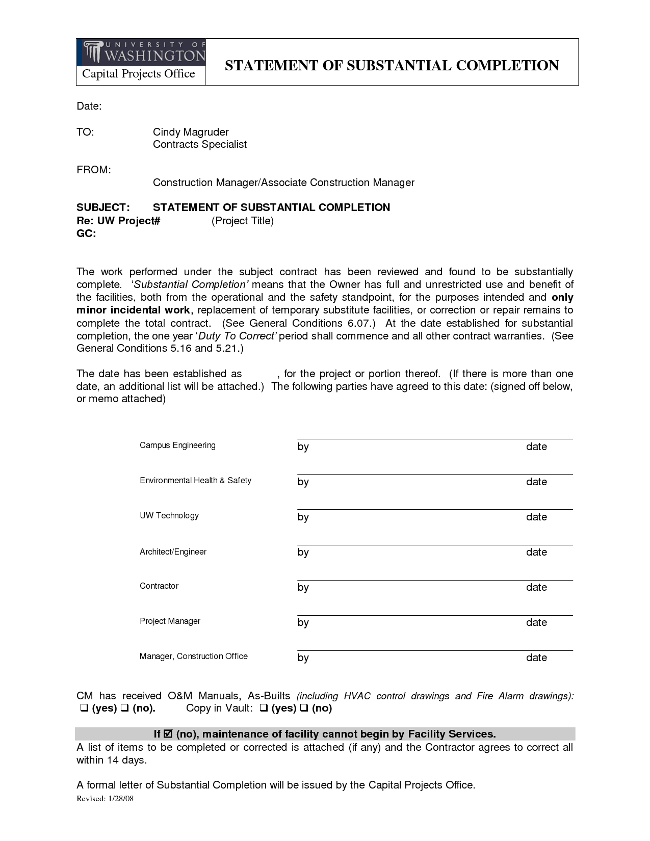 Letter Of Substantial Completion – Free Printable Documents Pertaining To Certificate Of Substantial Completion Template