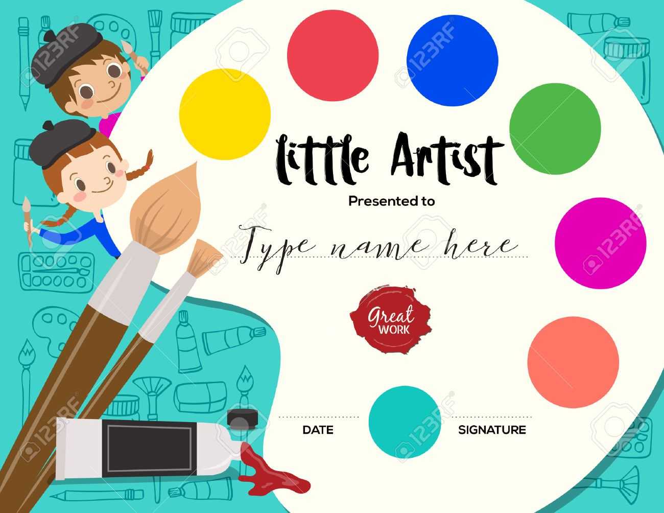 Little Artist, Kids Diploma Child Painting Course Certificate.. With Regard To Art Certificate Template Free