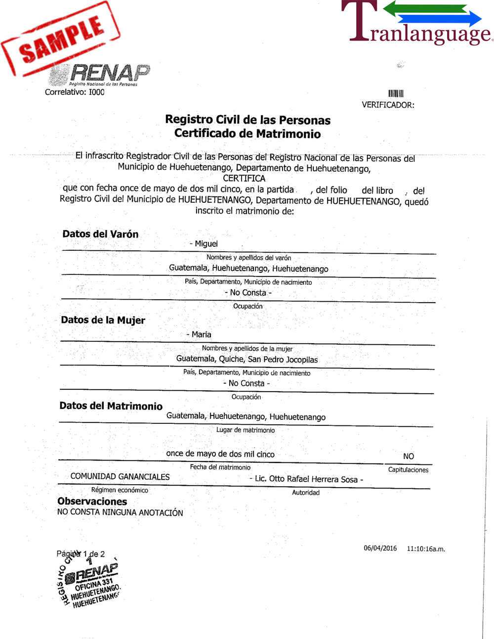 Marriage Certificate Guatemala Pertaining To Marriage Certificate Translation Template