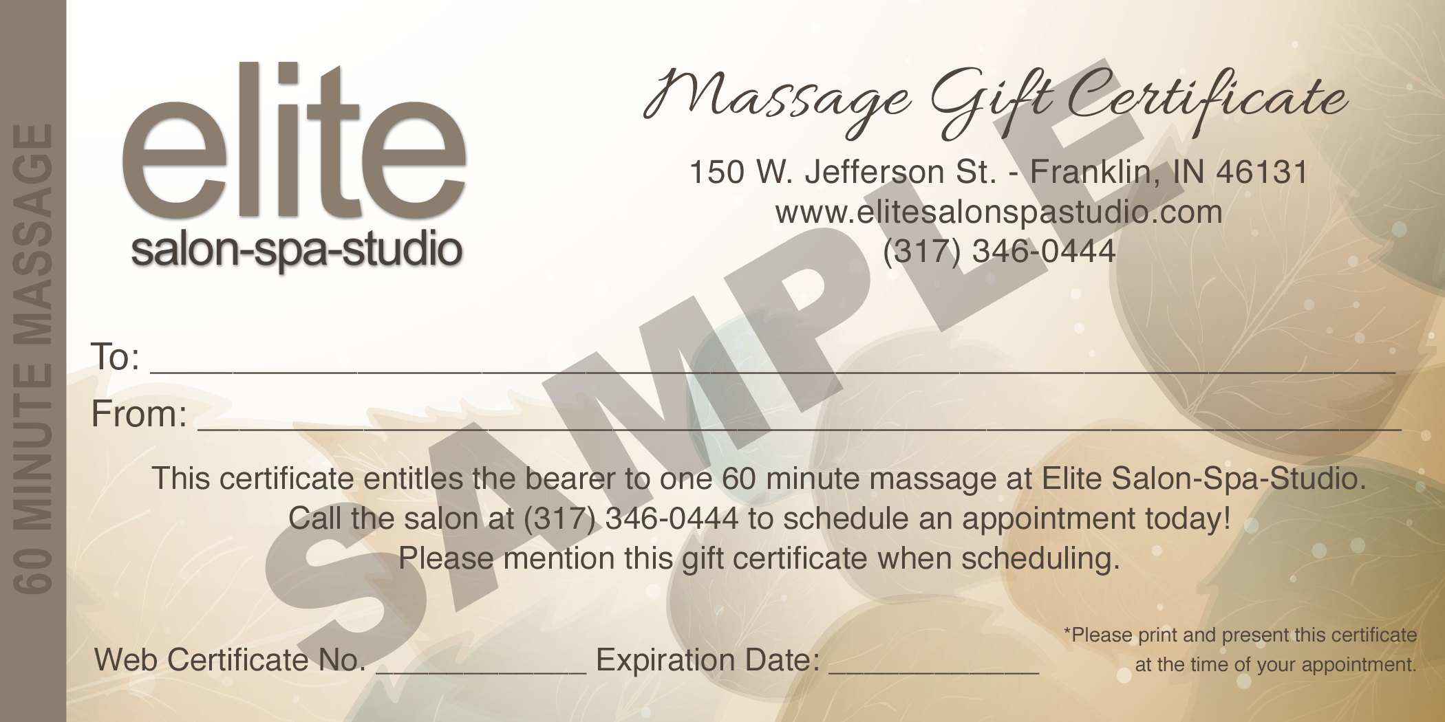 Massage Gift Certificate Sample – Elite Salon Spa Studio Inside Salon Gift Certificate Template