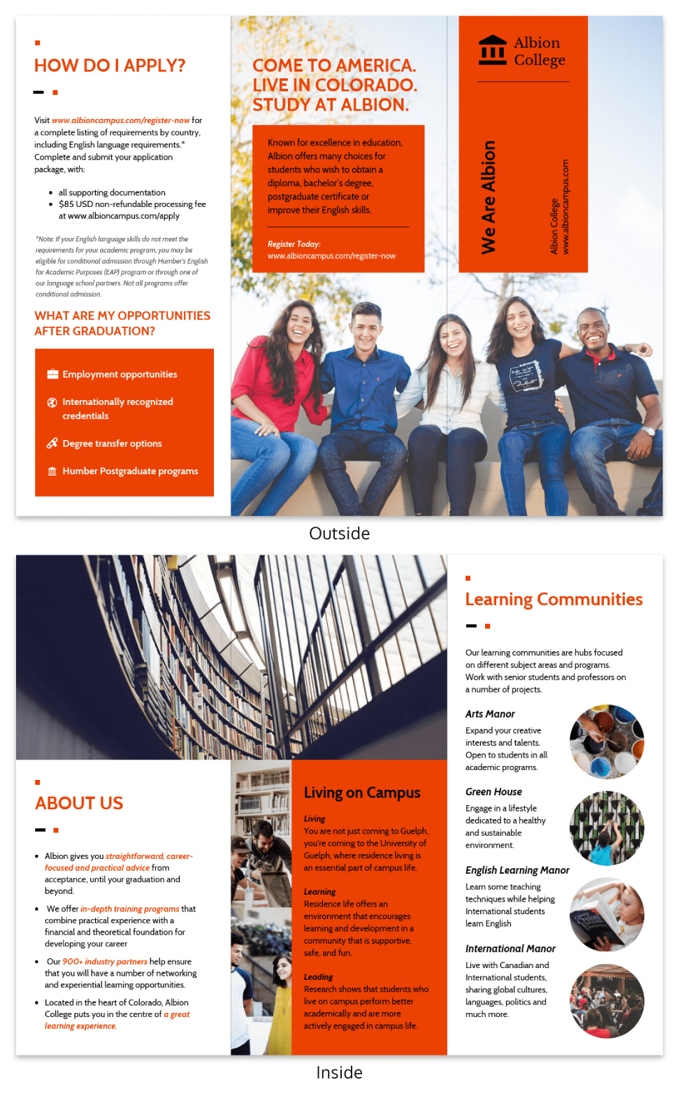 Modern Orange College Tri Fold Brochure Template in Tri Fold School Brochure Template