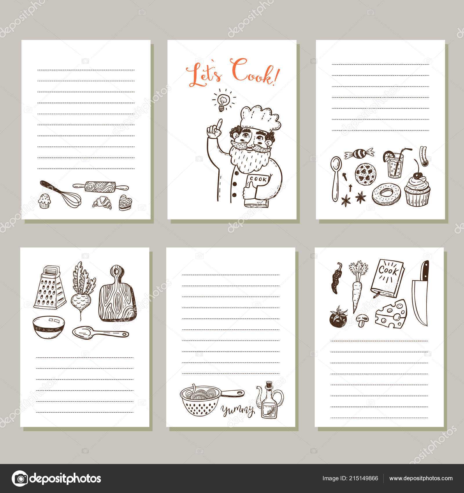 Page Template Set Notes Cooking Recipe Cards Hand Drawn With Regard To Recipe Card Design Template