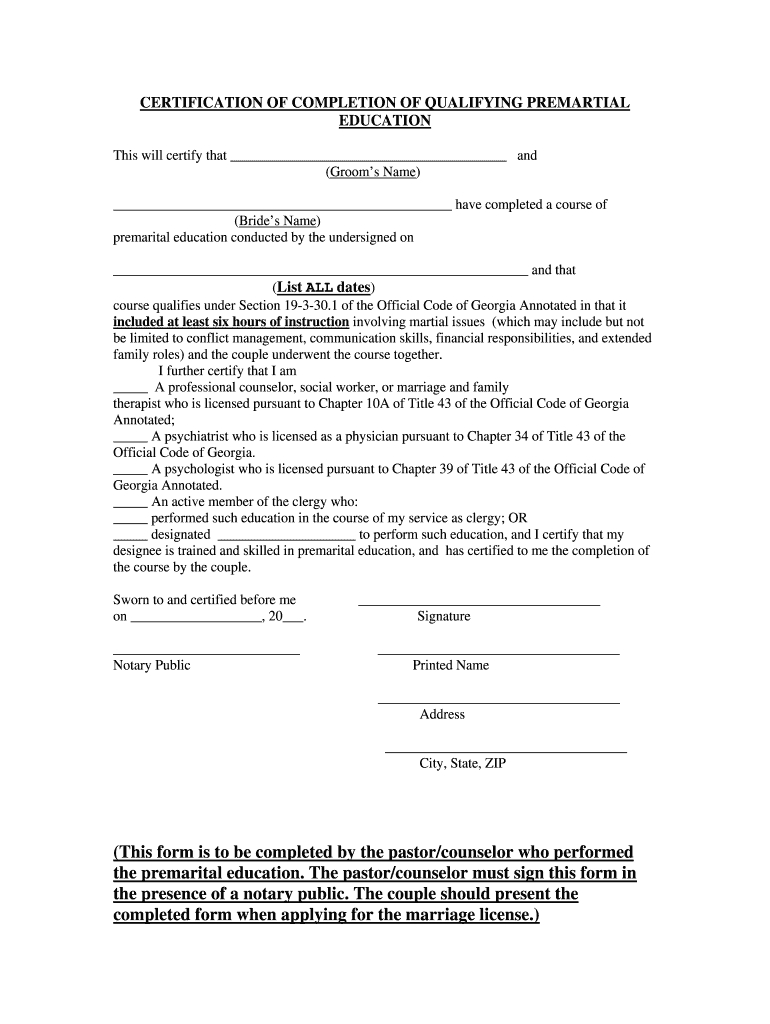Premarital Counseling Certificate - Fill Online, Printable For Premarital Counseling Certificate Of Completion Template