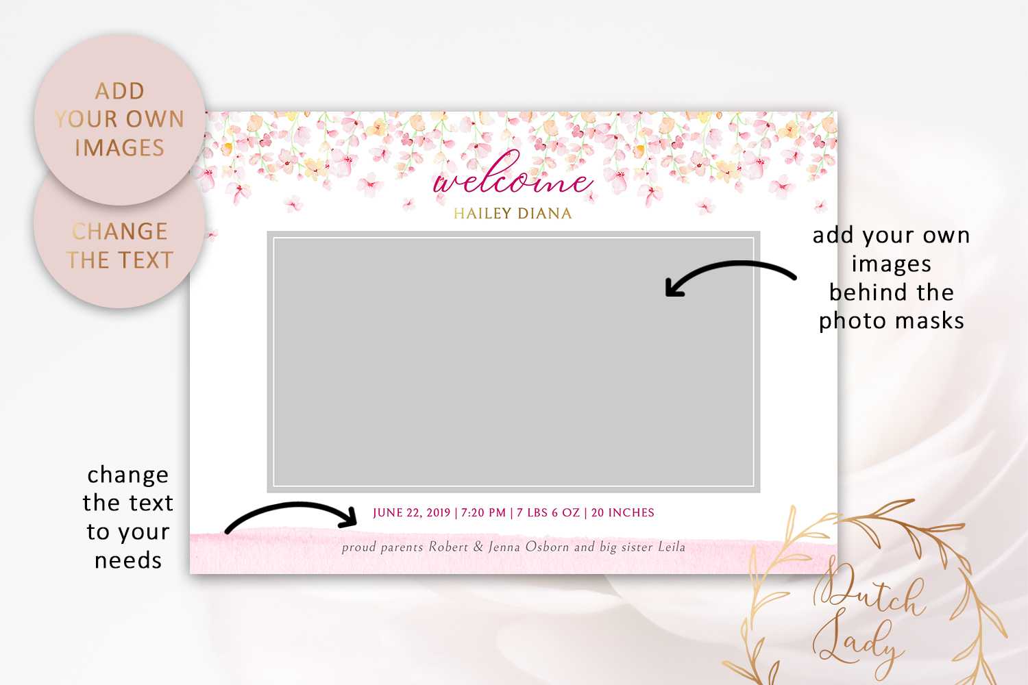 Psd Birth Announcement Photo Card Template 2 – Vsual Throughout Girl Birth Certificate Template