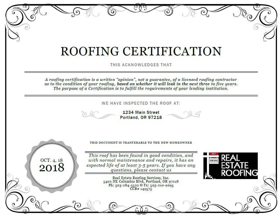 Roof Certification: Sample | Real Estate Roofing In Roof Certification Template