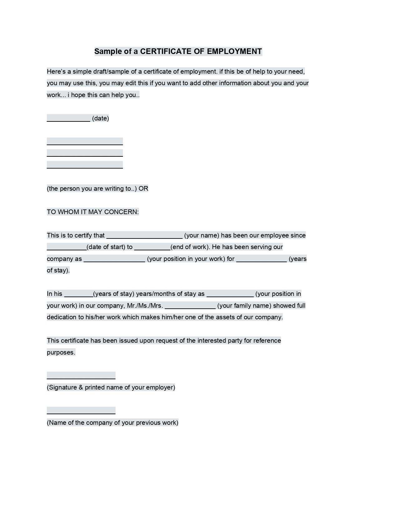Sample Employment Certificate From Employer - Google Docs In Template Of Certificate Of Employment