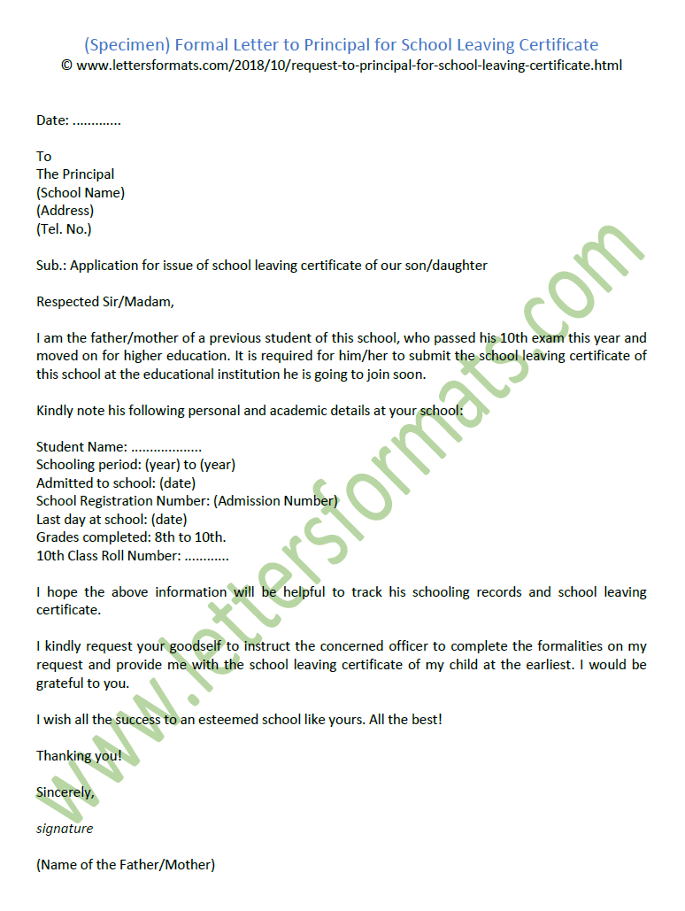 Sample Formal Letter To Principal For School Leaving Certificate Within Leaving Certificate Template
