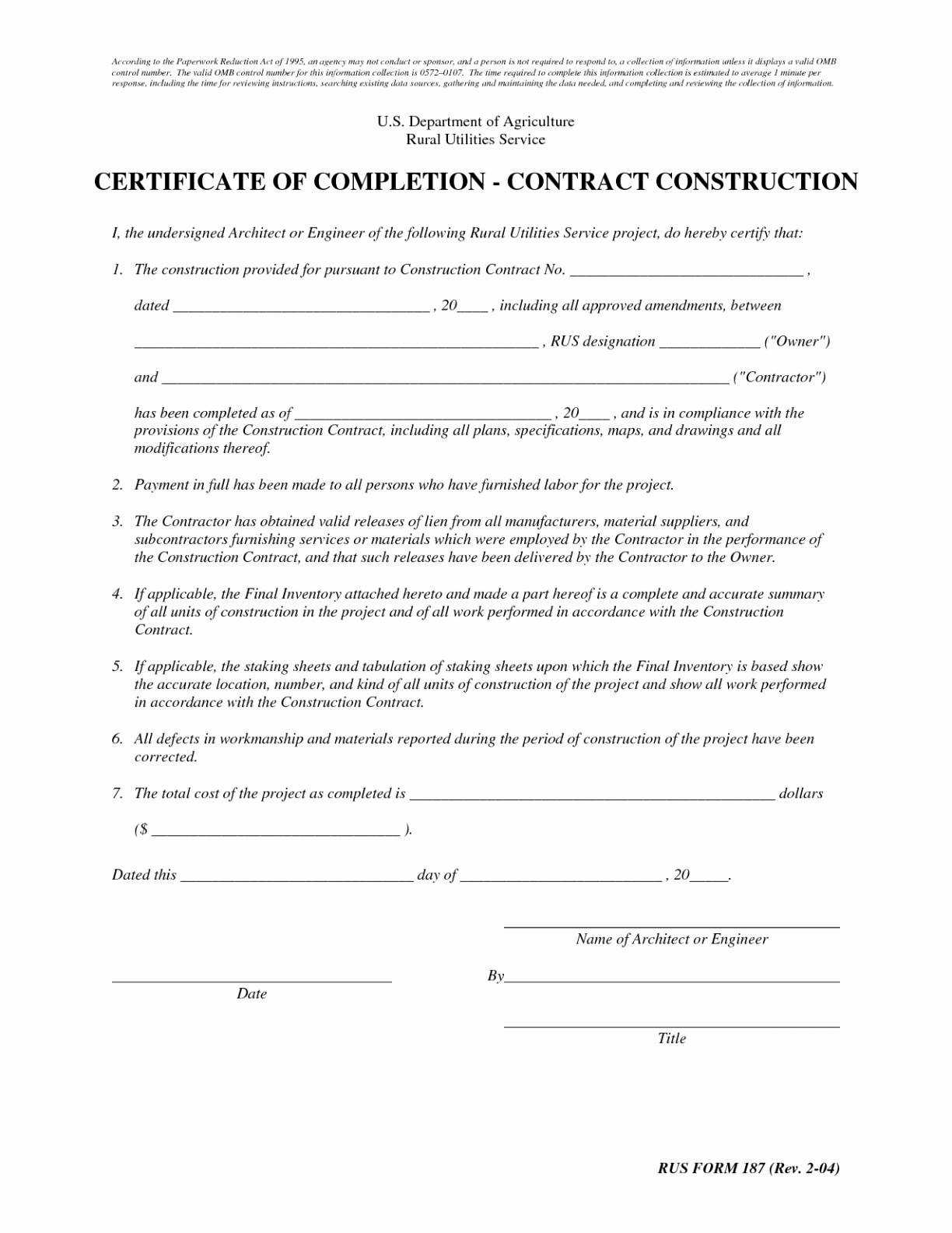 Sample Of Certificate Of Completion Of Construction Project For Certificate Of Completion Template Construction