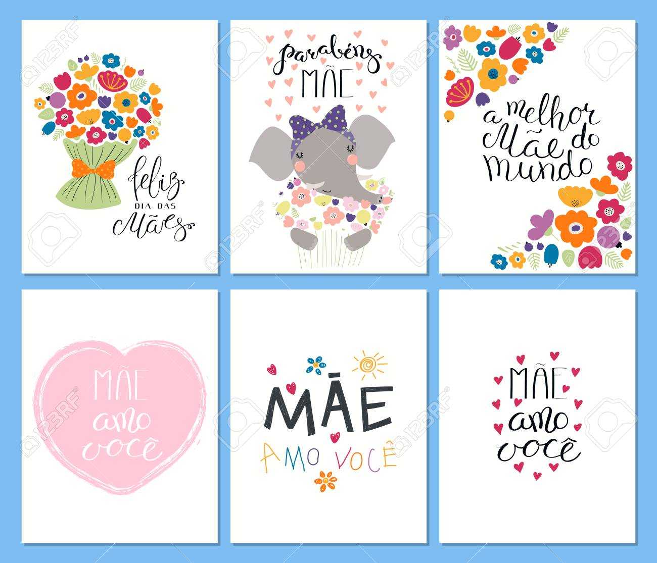 Set Of Mother's Day Cards Templates With Quotes In Portuguese Throughout Mothers Day Card Templates