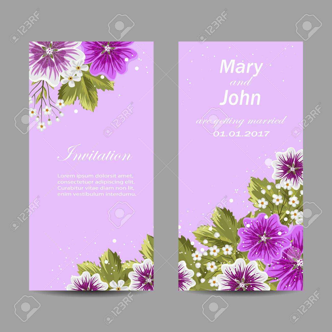 Set Of Wedding Invitation Cards Design. Beautiful Mallow Flowers.. Intended For Invitation Cards Templates For Marriage