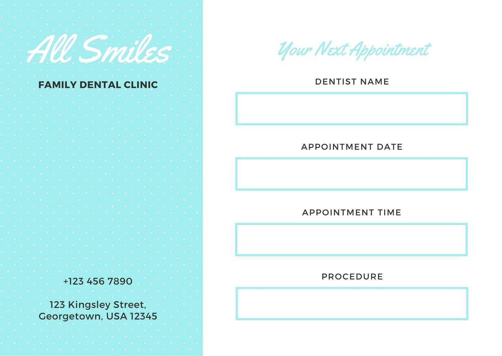 Simple Aqua And White Dentist Appointment Card - Templates Inside Dentist Appointment Card Template