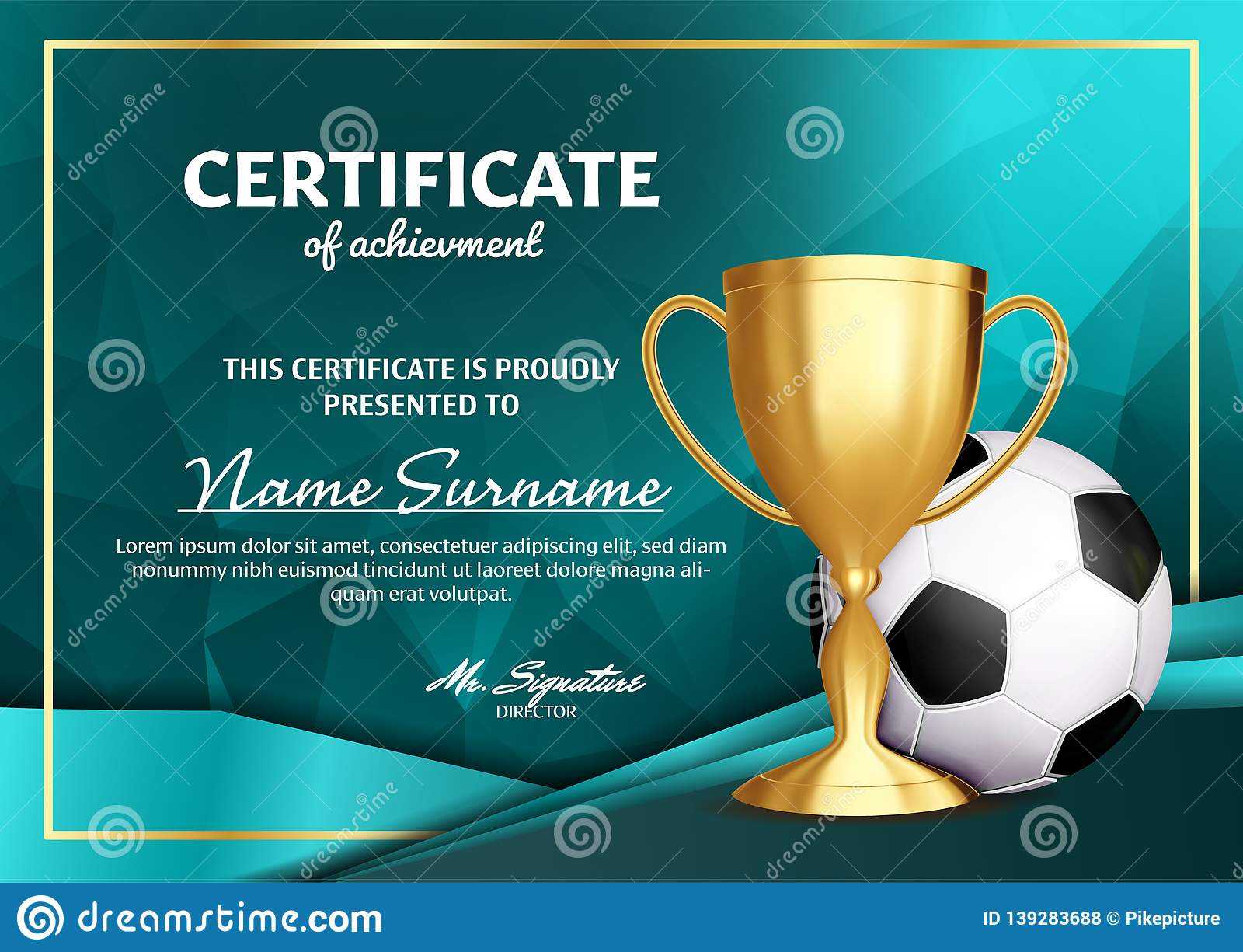 Soccer Certificate Diploma With Golden Cup Vector. Football For Soccer Award Certificate Templates Free