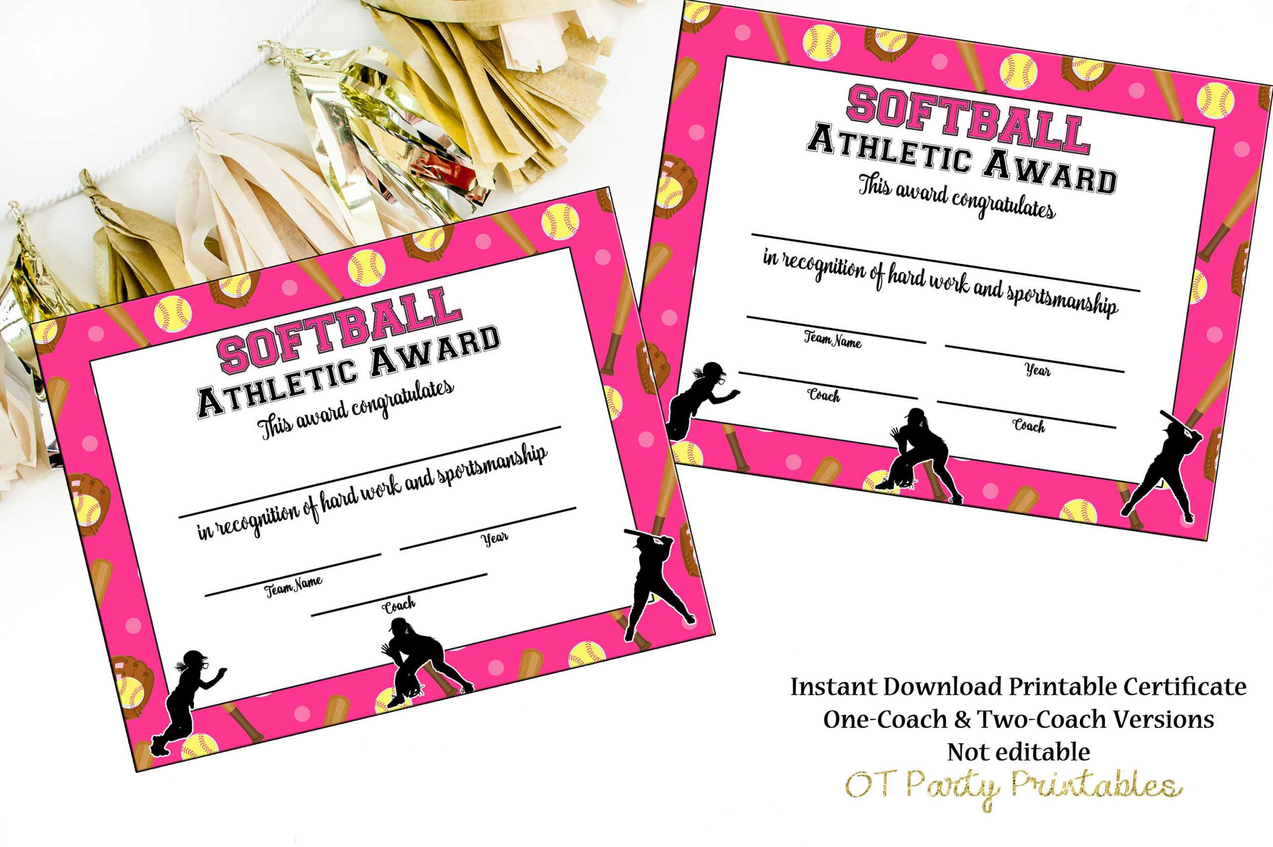 Softball Certificate Of Achievement – Softball Award – Print At Home –  Softball Mvp – Softball Certificate Of Completion – Sports Award Throughout Softball Certificate Templates