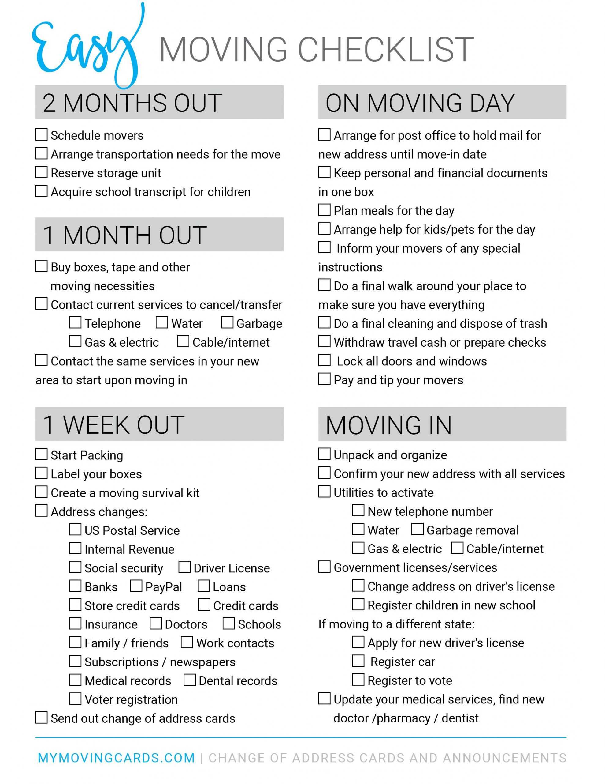Spreadsheet Moving House Checklist Free Printable Download With Regard To Moving House Cards Template Free