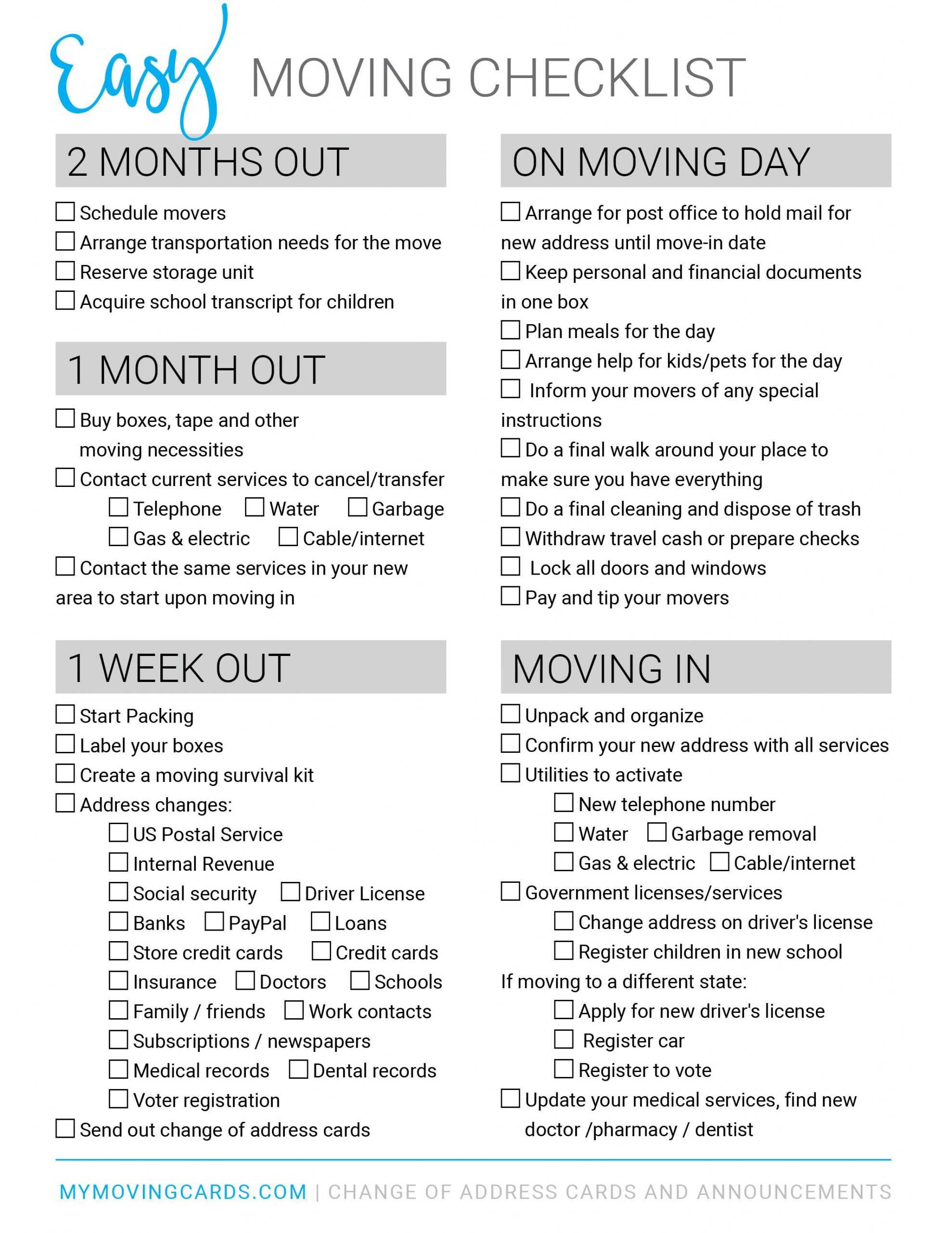 Spreadsheet Moving House Checklist Free Printable Download with regard to Moving House Cards Template Free