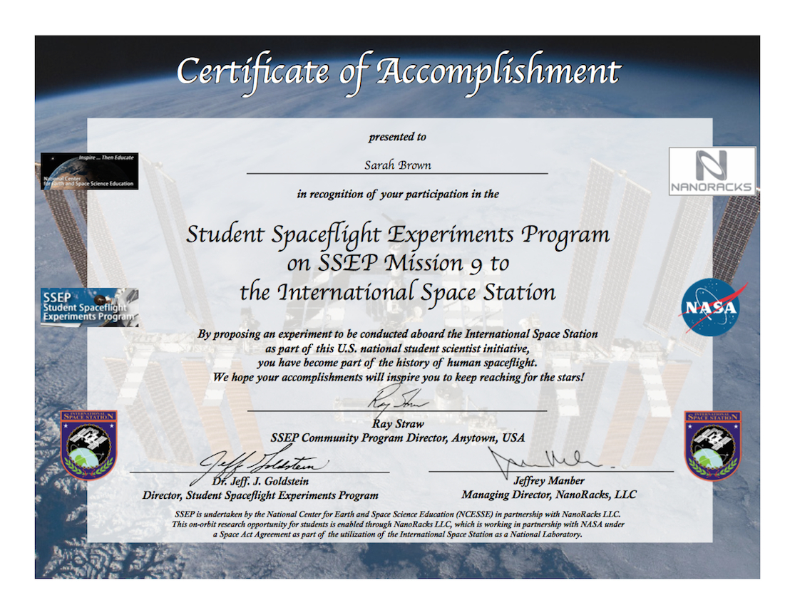 Ssep Mission 9 To Iss Student Certificates Of Accomplishment Intended For International Conference Certificate Templates