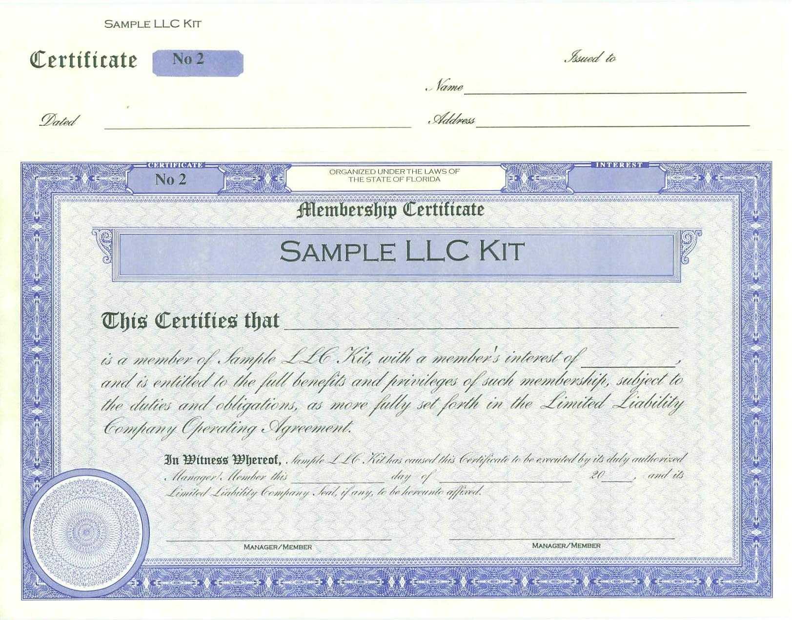 Stock Certificates Order Form | Florida | Your Capital Within Llc Membership Certificate Template