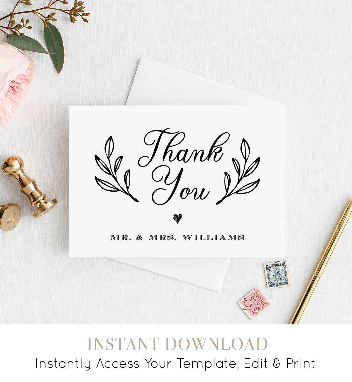 Thank You Card Template, Printable Rustic Wedding Thank Intended For Thank You Note Card Template