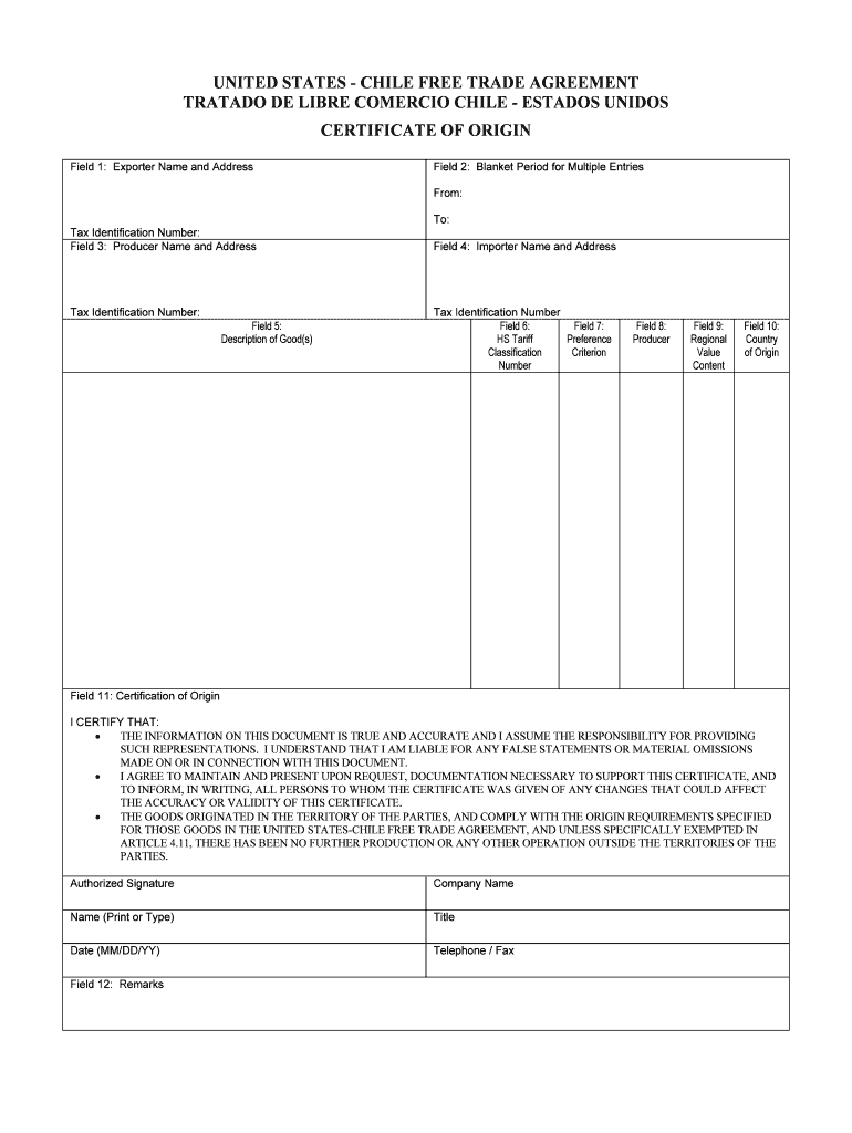 United States Chile Trade Agreement Form – Fill Online For Certificate Of Origin For A Vehicle Template