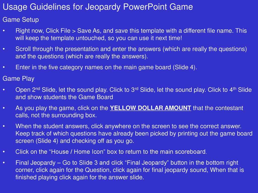 Usage Guidelines For Jeopardy Powerpoint Game – Ppt Download Intended For Jeopardy Powerpoint Template With Sound