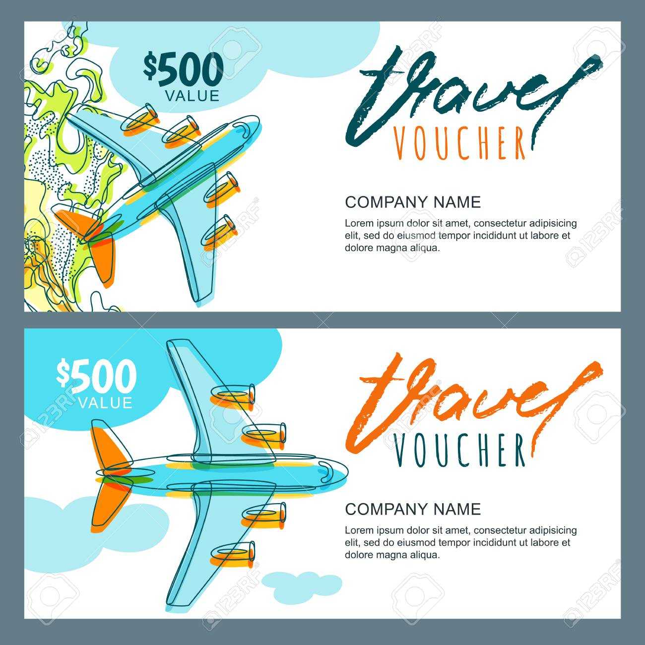 Vector Gift Travel Voucher Template. Top View Hand Drawn Flying.. With Free Travel Gift Certificate Template