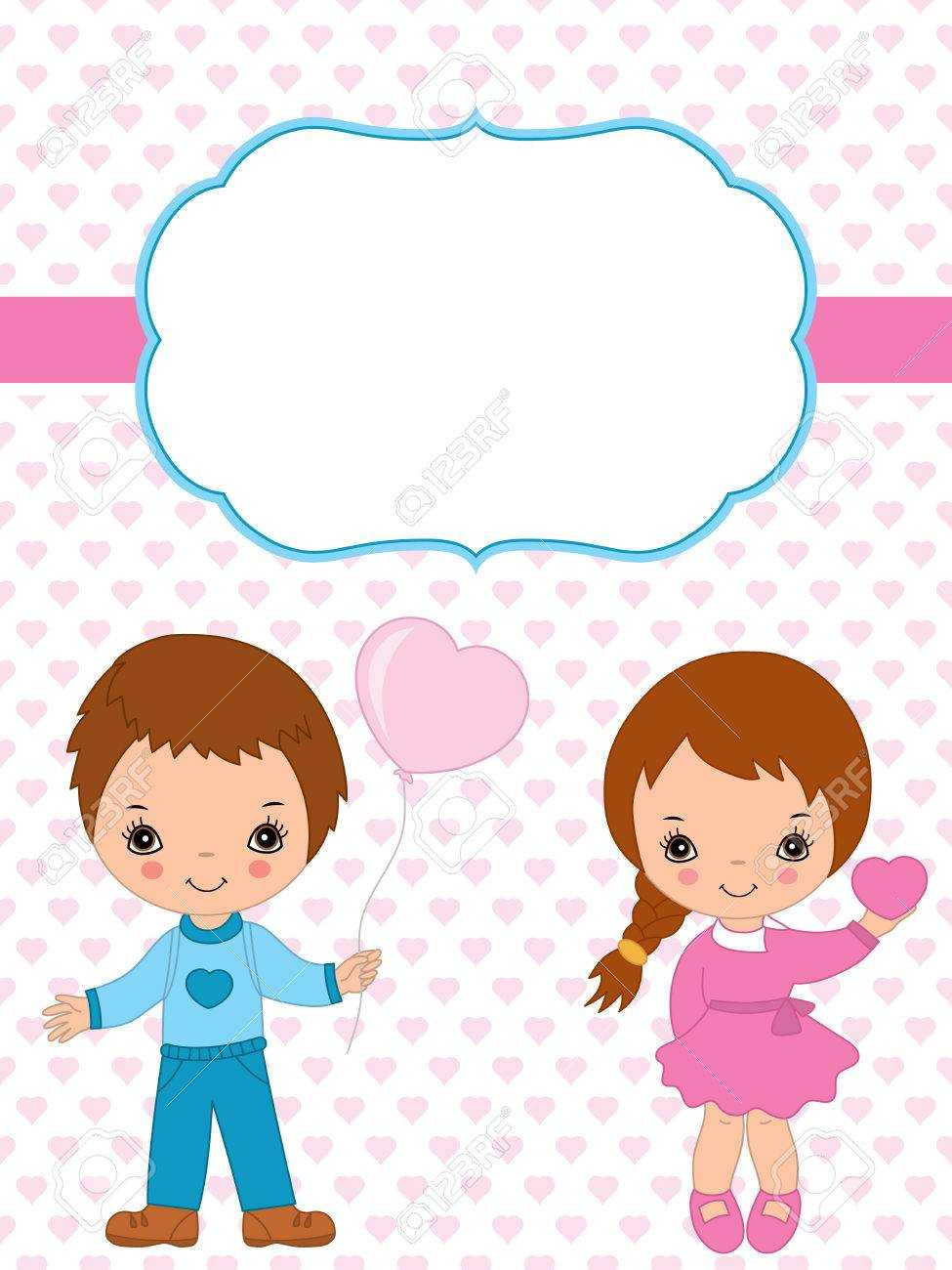 Vector Valentine's Card Template With Cute Little Kids On Hearts.. Within Valentine Card Template For Kids