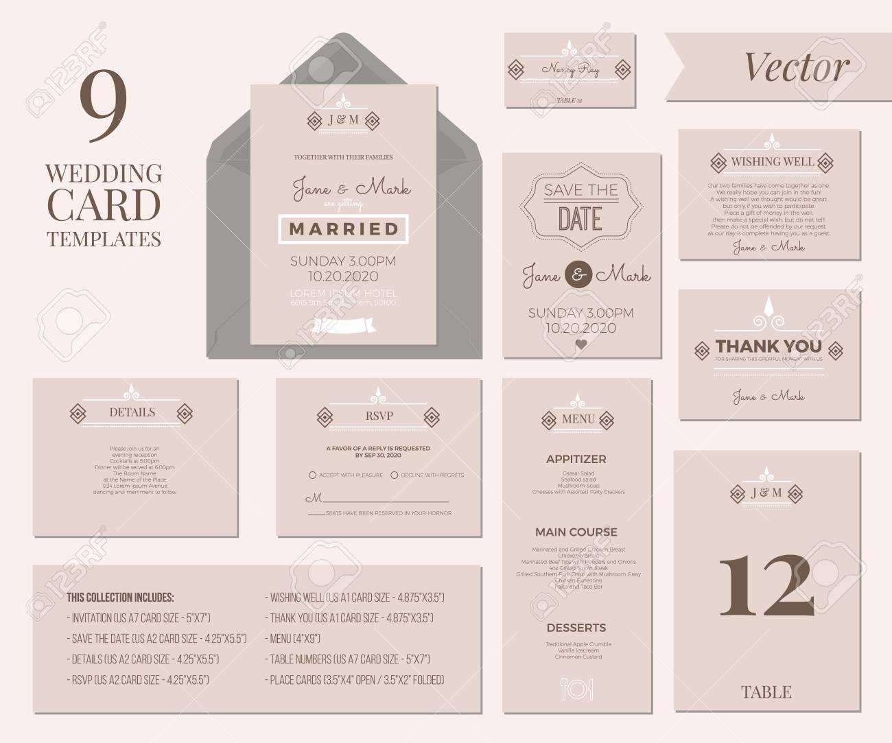 Vintage Minimal Wedding Invitation Card Collection Set Template.. For Wedding Card Size Template